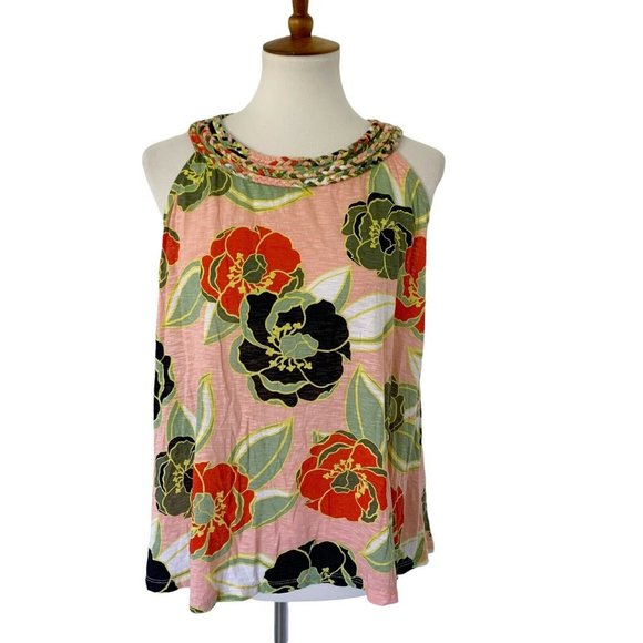 Crown & Ivy Tops - Crown & Ivy Sleeveless Braid Trim Tank Top Shirt Blouse Floral Coral Orange M